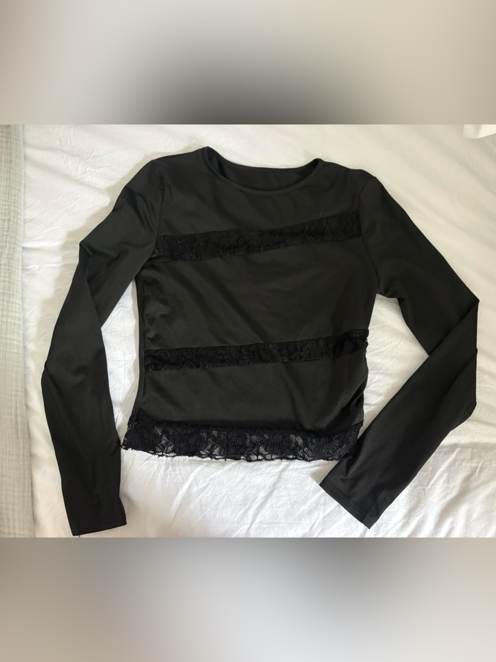 Women's Black Lace Trim Long-Sleeve Top